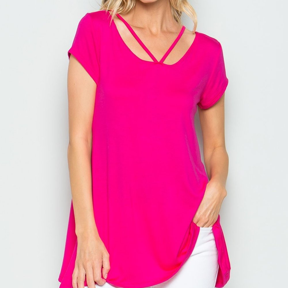 Fuchsia Strap-Accent Short-Sleeve Tee - Women